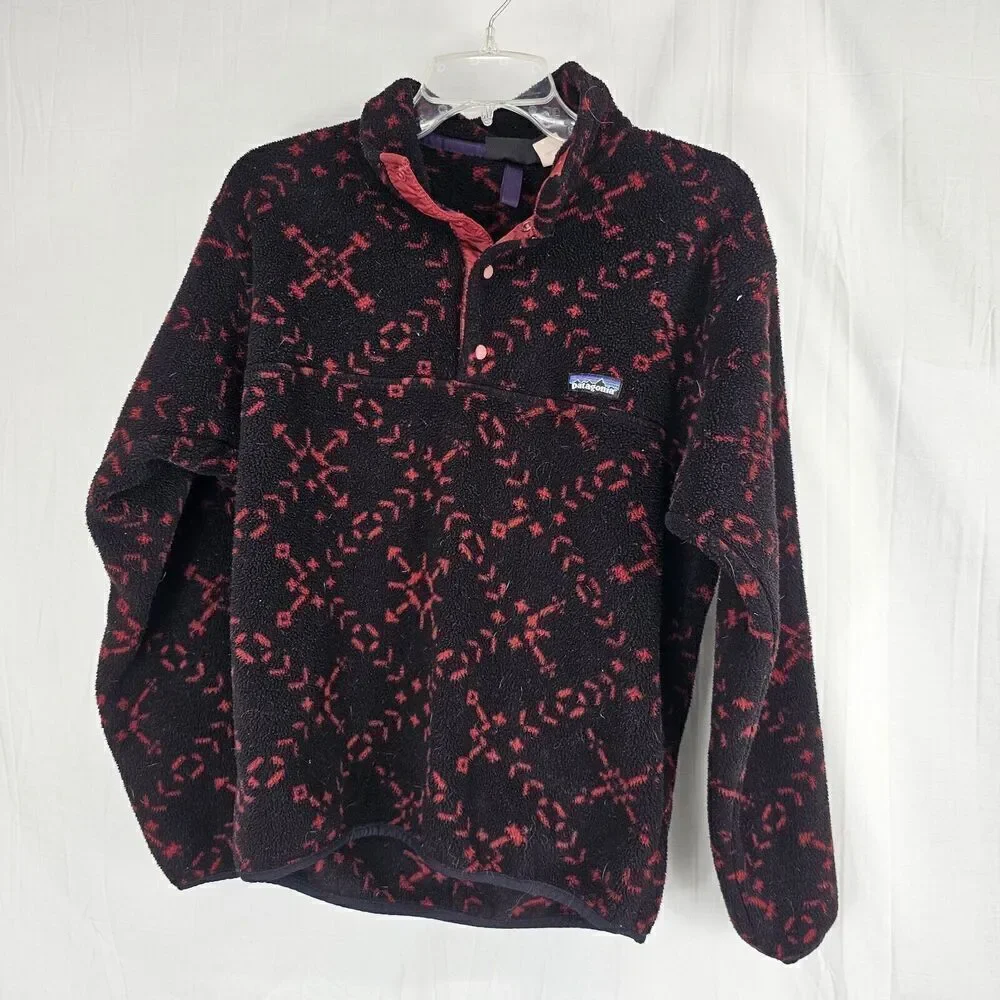 VINTAGE Patagonia Synchilla Jacket Mens Small Black Red Fleece Sweater Snap-T 94